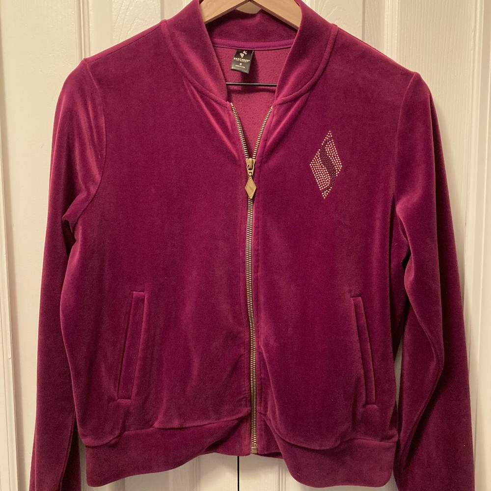 Skechers Ladies Velour Bombers Zip Up Jacket w/Rhinestone Logo Maroon Sz Small